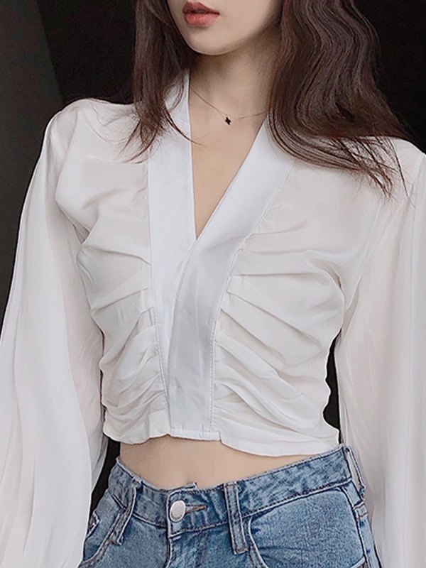 EMMIOL Blusa de manga larga fruncida con cuello en V