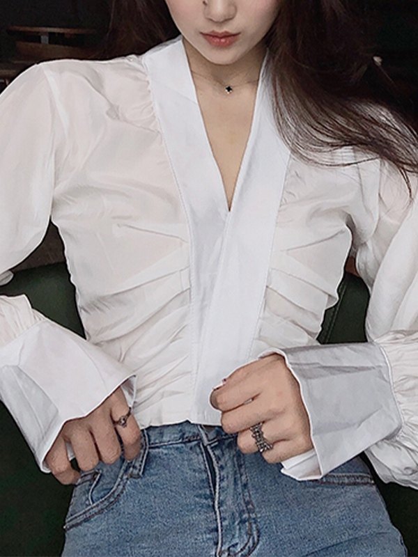 EMMIOL Blusa de manga larga fruncida con cuello en V