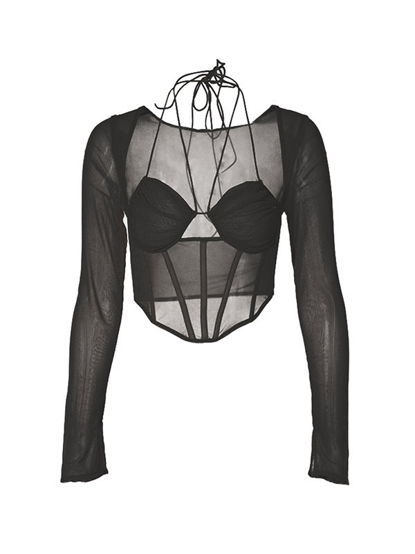 EMMIOL Cropped Sheer Mesh Langarm-Korsett-Oberteil