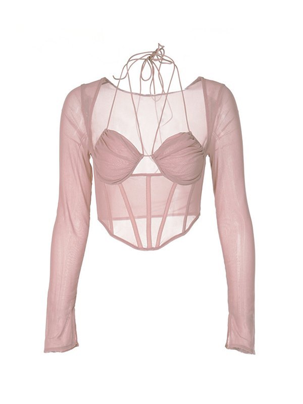 EMMIOL Corsetto corto a maniche lunghe in rete trasparente