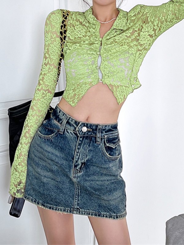 EMMIOL Blusa corta de manga larga de encaje verde