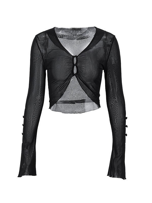 EMMIOL Langärmlige, durchsichtige Mesh-Bluse mit Ausschnitten