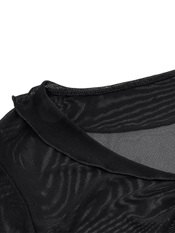 EMMIOL Langärmlige, durchsichtige Mesh-Bluse mit Ausschnitten