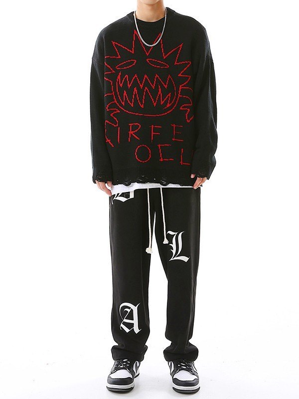 EMMIOL Men's Cartoon Devil Distressed Sweater