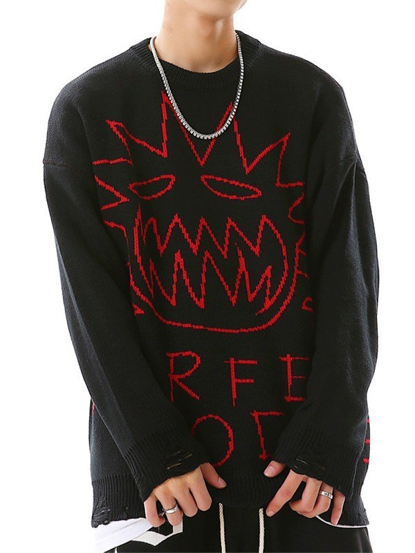 EMMIOL Men's Cartoon Devil Distressed Sweater