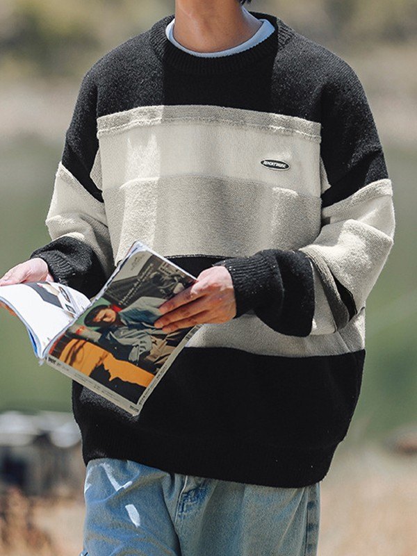 EMMIOL Men's Color Block Striped Knit Sweater