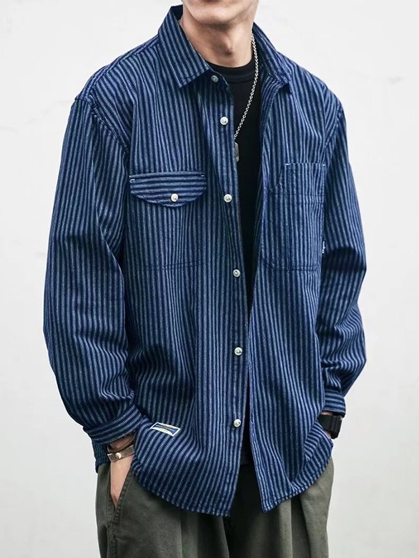EMMIOL Langärmliges Vintage-Nadelstreifen-Hemd für Herren