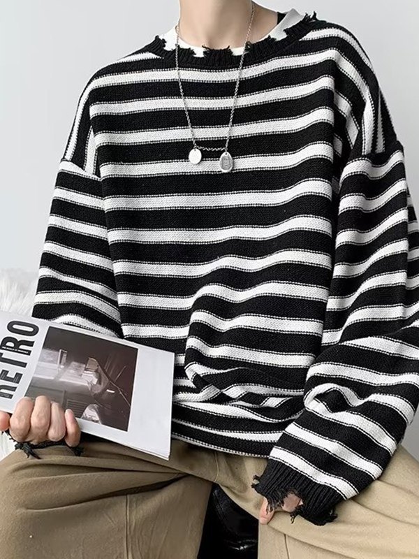 EMMIOL Suéter tipo jersey desgastado a rayas para hombre