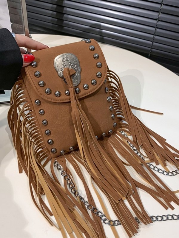 EMMIOL Bolso de hombro con cadena y flecos adornados con remaches