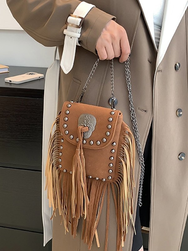 EMMIOL Bolso de hombro con cadena y flecos adornados con remaches