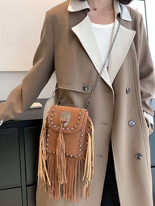 EMMIOL Bolso de hombro con cadena y flecos adornados con remaches