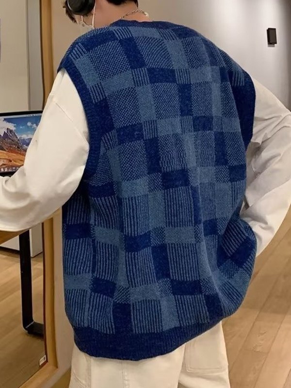 Emmiol Free shipping 2024 Men's Checkered V Neck Sweater Vest Blue XL