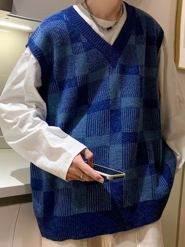 Emmiol Free shipping 2024 Men's Checkered V Neck Sweater Vest Blue XL