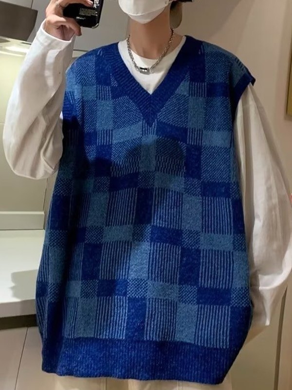 Emmiol Free shipping 2024 Men's Checkered V Neck Sweater Vest Blue XL