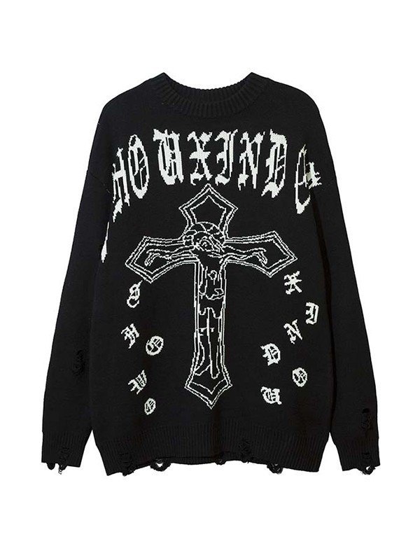 EMMIOL Suéter desgastado con cruz gótica punk para hombre