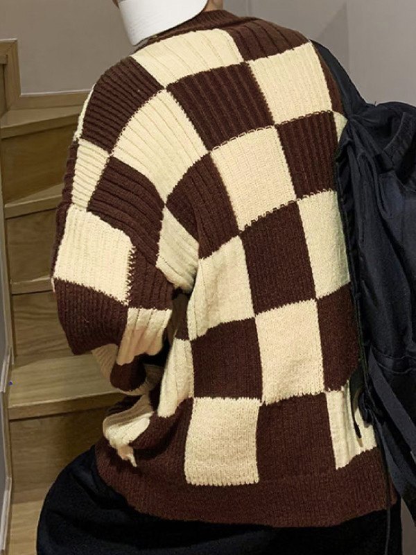 EMMIOL Suéter estilo jersey a cuadros vintage para hombre