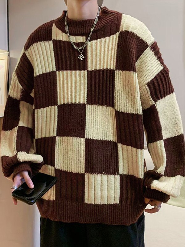EMMIOL Suéter estilo jersey a cuadros vintage para hombre