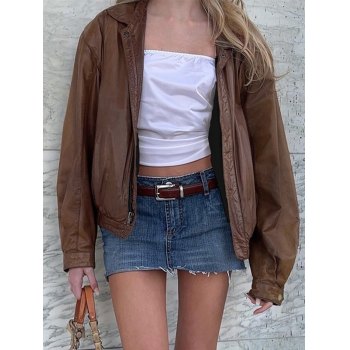 Zip Up Brown Pu Leather Jacket