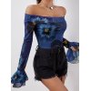 EMMIOL Blusa de malla floral con hombros descubiertos y manga larga