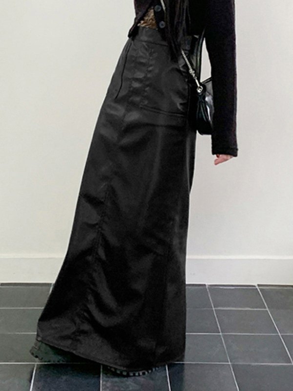 O ring rivet applique PU leather solid maxi skirt