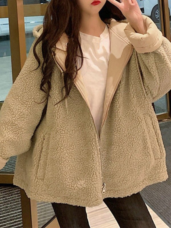 Emmiol Free shipping 2024 Reverse Fleece Zip Up Hooded Jacket Camel S