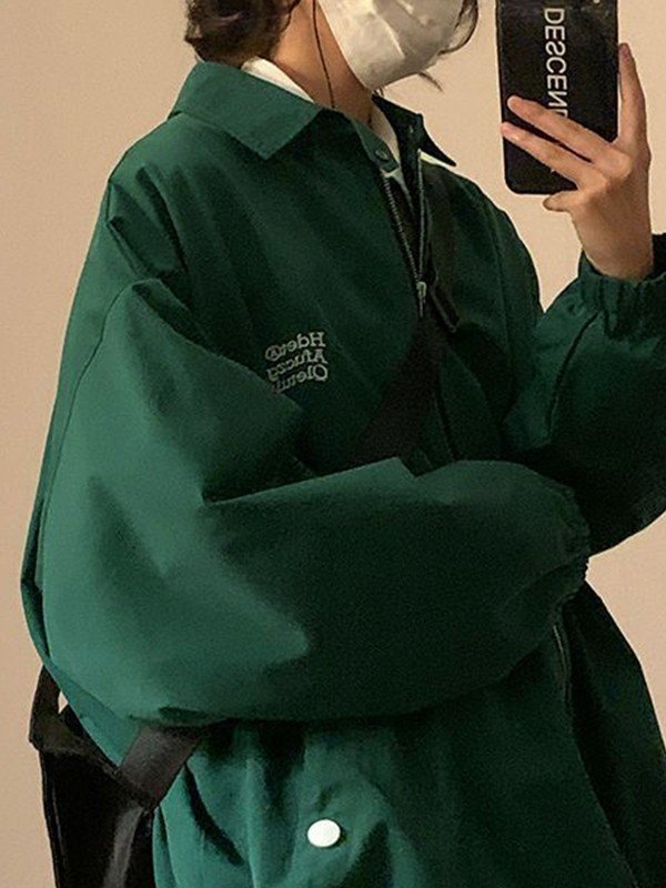 EMMIOL Chaqueta verde extragrande con cremallera y gráfico de letras