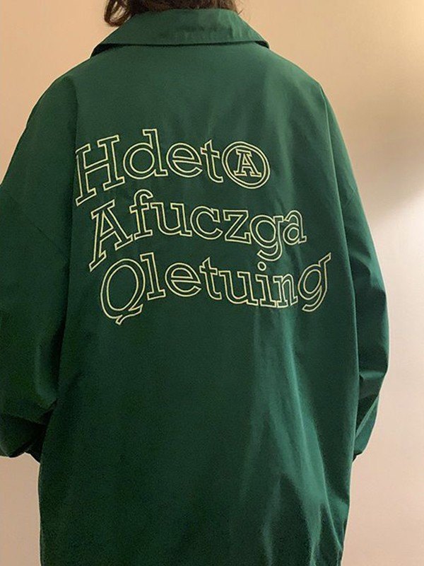 EMMIOL Chaqueta verde extragrande con cremallera y gráfico de letras