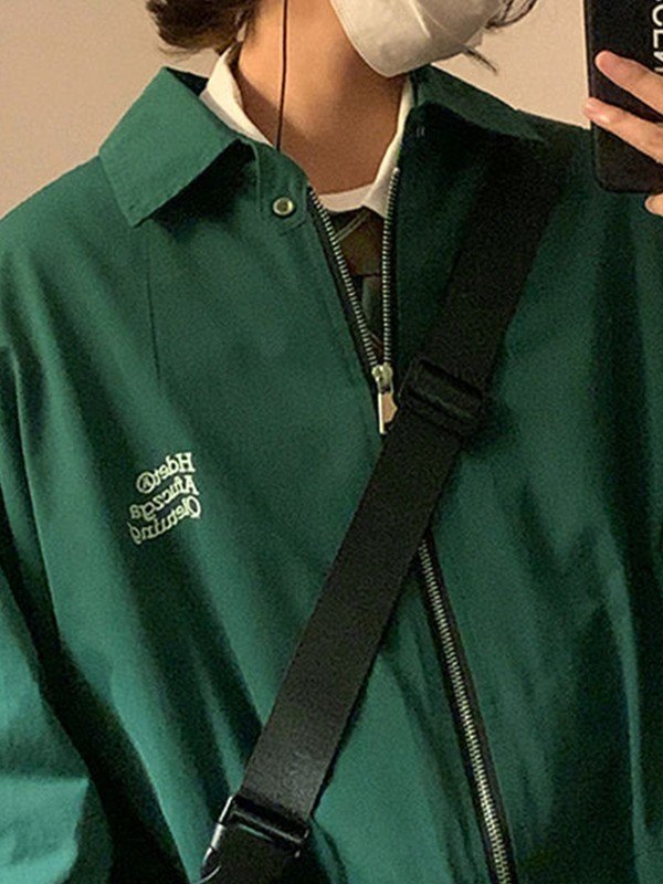 EMMIOL Chaqueta verde extragrande con cremallera y gráfico de letras