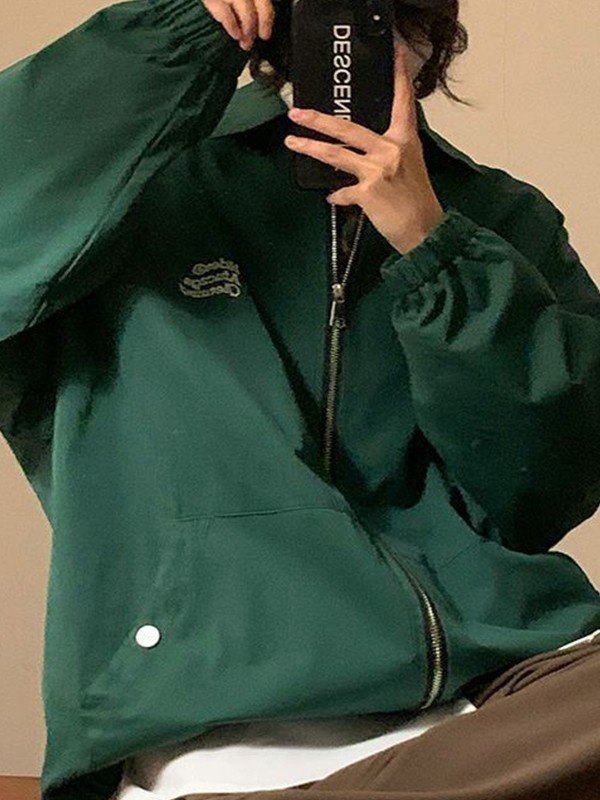 EMMIOL Chaqueta verde extragrande con cremallera y gráfico de letras