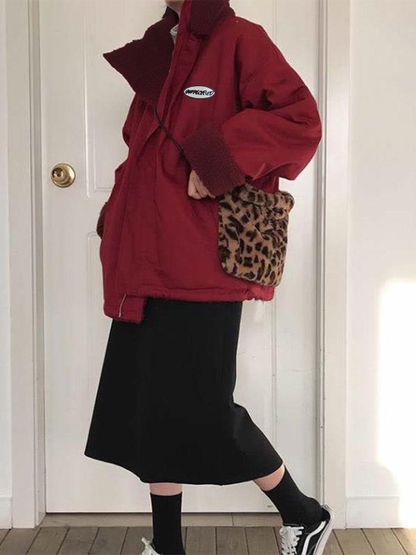 Emmiol Free shipping 2024 Oversized Reverse Fleece Zip Up Jacket Red M