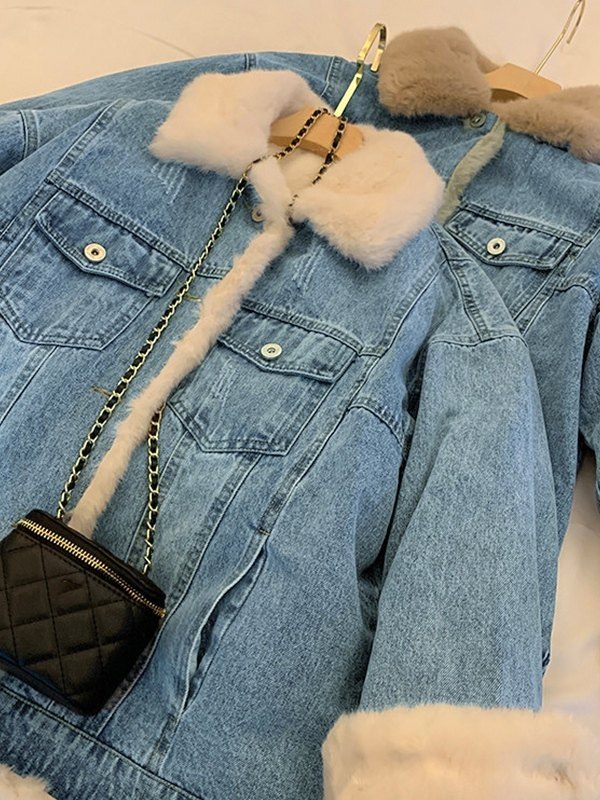 EMMIOL Faux Fur Lined Denim Coat