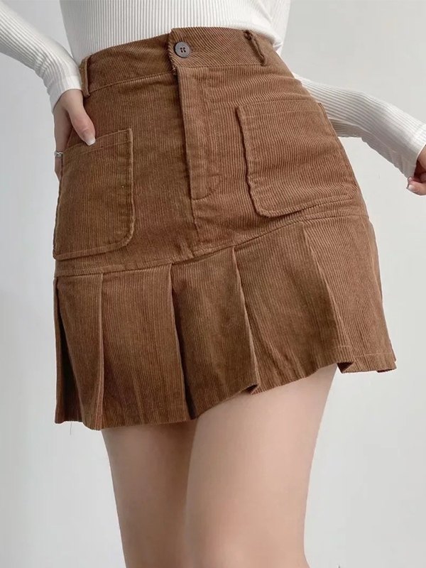 Emmiol Free shipping 2023 Vintage Corduroy Pleated Mini Skirt Brown M