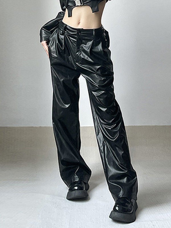 EMMIOL Pantaloni in ecopelle nera a pieghe