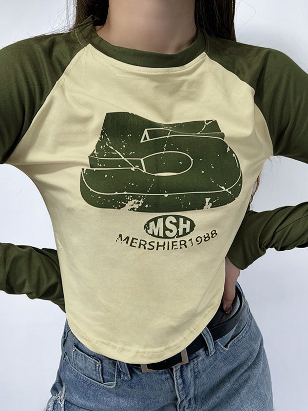 EMMIOL Vintage Green Raglan Long Sleeve Crop Top