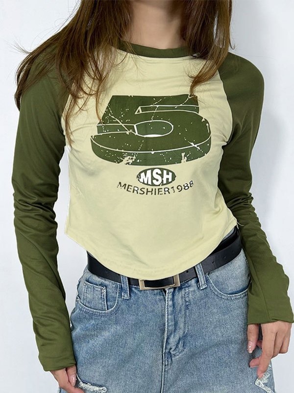 EMMIOL Vintage Green Raglan Long Sleeve Crop Top