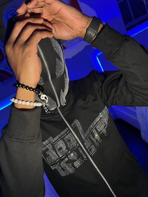 EMMIOL Schwarzer Reißverschluss-Hoodie mit Strasssteinen für Herren