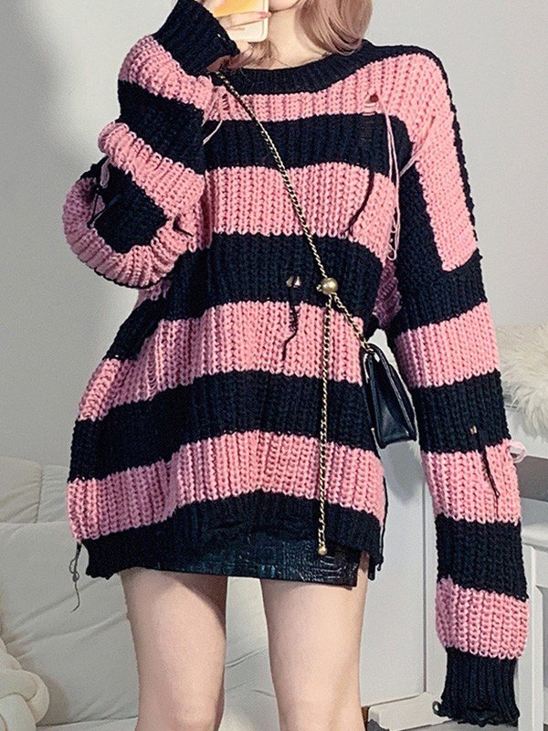 EMMIOL Vintage Striped Distressed Knit Sweater