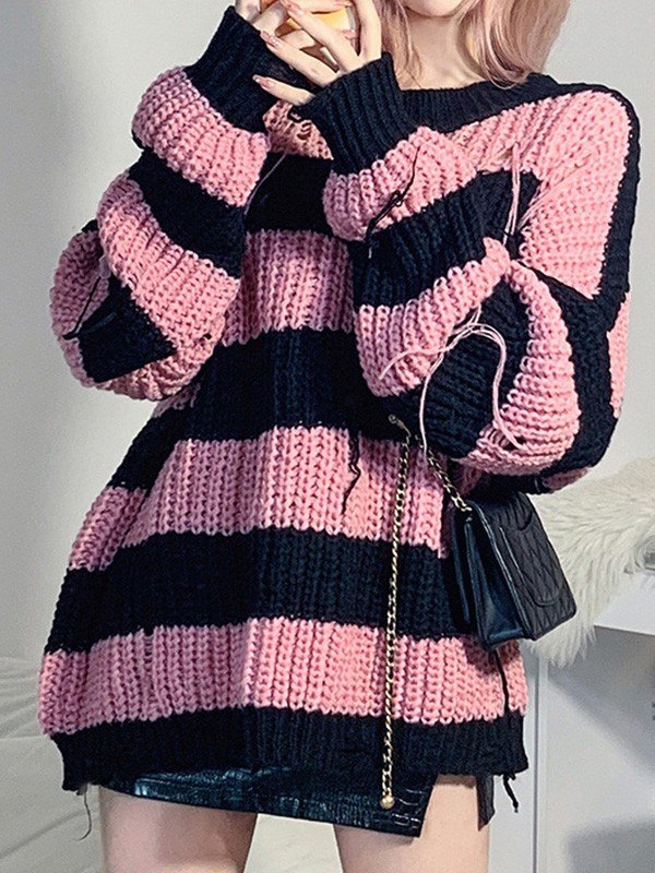 EMMIOL Vintage Striped Distressed Knit Sweater