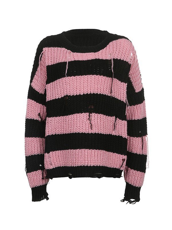 EMMIOL Vintage Striped Distressed Knit Sweater