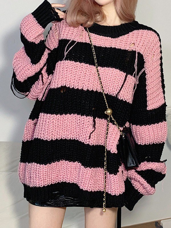 EMMIOL Vintage Striped Distressed Knit Sweater