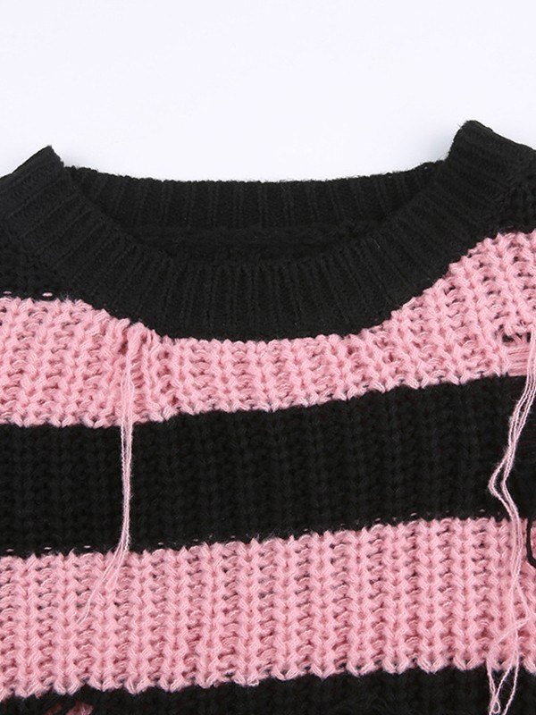 EMMIOL Vintage Striped Distressed Knit Sweater