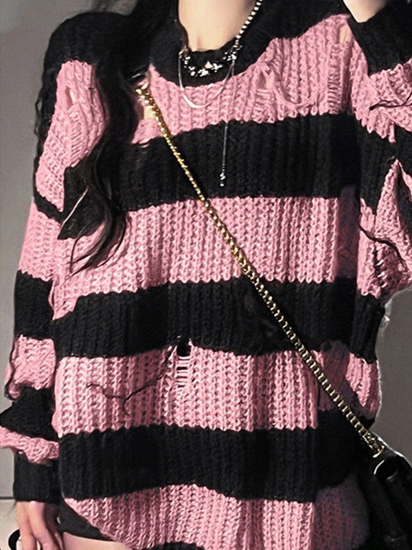 EMMIOL Vintage Striped Distressed Knit Sweater