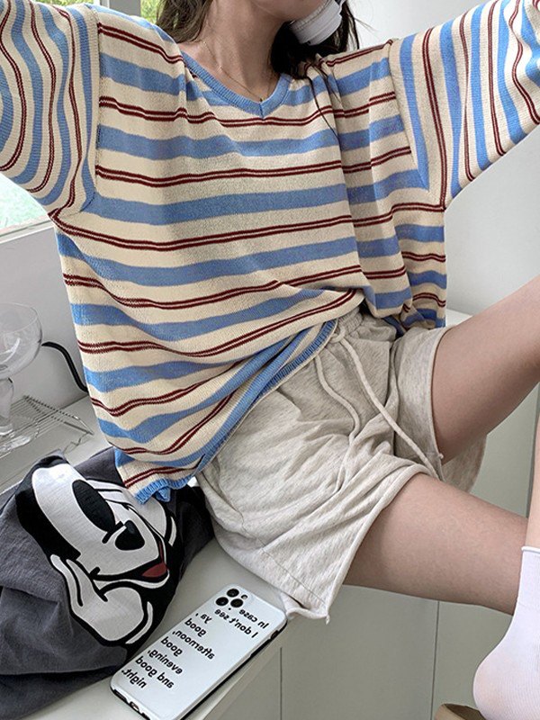 Yellow Sweater Women Women's Y2K Color-Block Striped V Neck Button France Cardigan Sweater