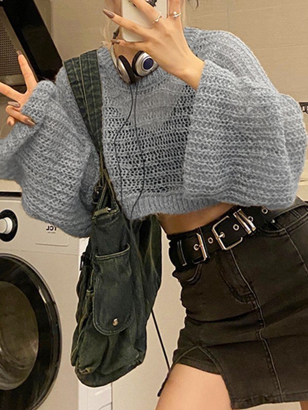 GRAY LONG-SLEEVED CROP TOP KNIT PIECE IN COTTON BLEND KNIT