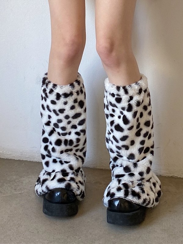 Emmiol Free shipping 2024 Ruffle Animal Pattern Fuzzy Leg Warmer White