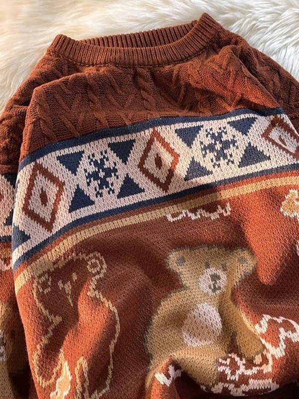 EMMIOL Men's Cartoon Bear Jacquard Knit Sweater