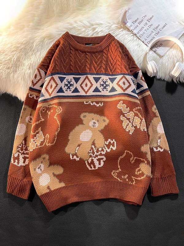 EMMIOL Men's Cartoon Bear Jacquard Knit Sweater