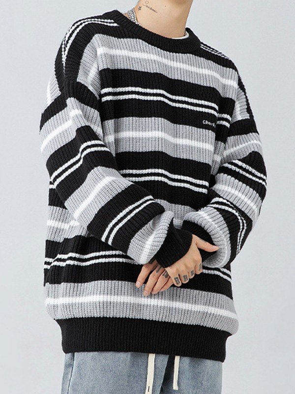 Emmiol Free shipping 2023 Men's Color Block Striped Knit Sweater Black M in Sweaters online