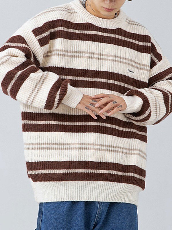 Emmiol Free shipping 2024 Men's Color Block Striped Knit Sweater Apricot M in Sweaters online