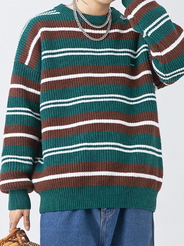 Emmiol Free shipping 2023 Men's Color Block Striped Knit Sweater Green M in Sweaters online